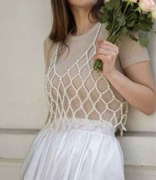 Chaleco Artesanal Perlas Blanco Talla Unica Xs/S/M