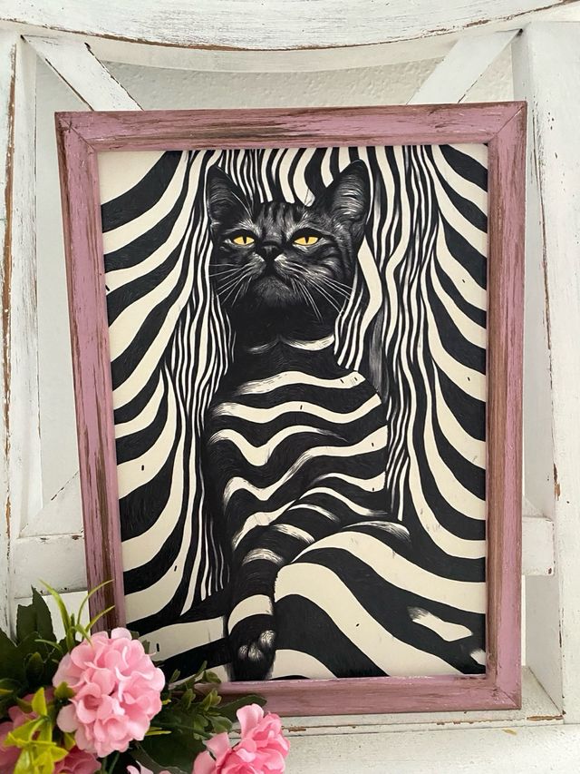 Cuadro rosa envejecido gato a rayas negras
