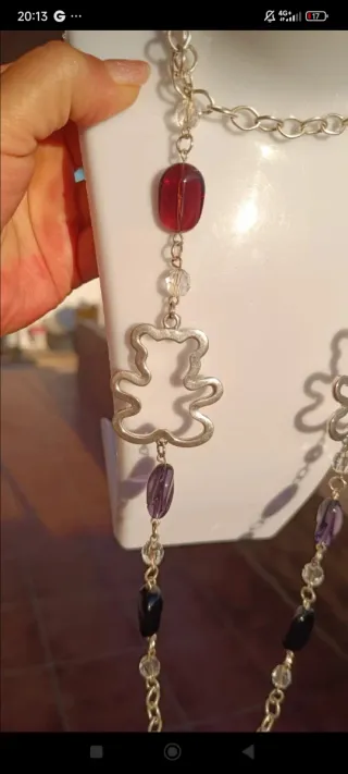 Collar largo oso y piedras moradas