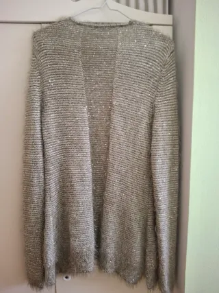 Cárdigan dorado y plateado, jersei y bufanda