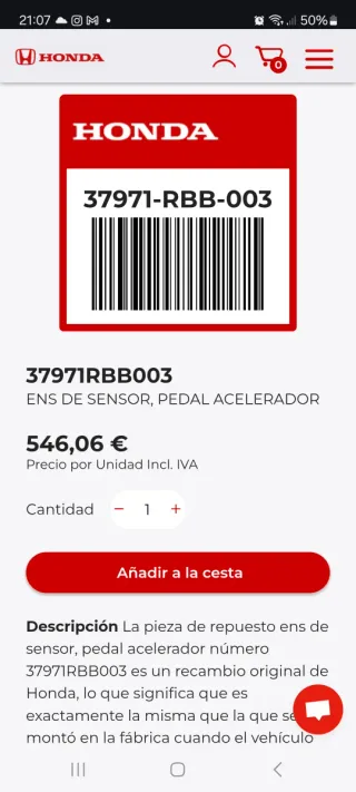 Sensor Acelerador Honda Accord VII (2005) 37971-RB