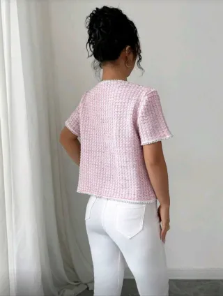 Cardigan corto rosa y blanco