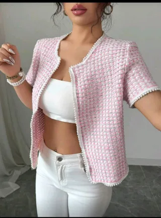 Cardigan corto rosa y blanco