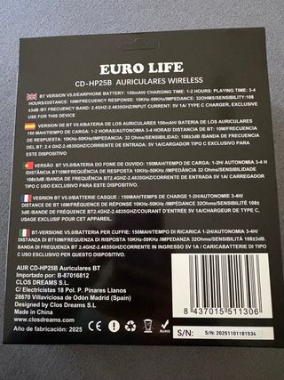 Auriculares Bluetooth 5.0 EURO LIFE Negros