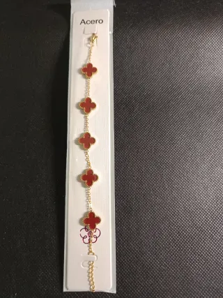 Pulsera Acero Tréboles Rojos Dorados