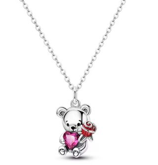 Collar Oso Corazón Rosa Plata