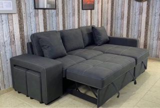 Divano letto nero con cassetto / Pouf / Cuscini