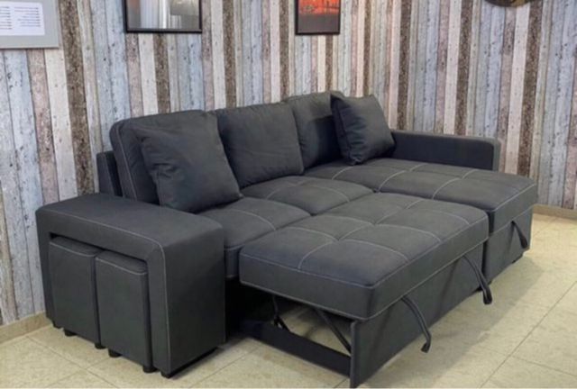 Sofá Cama Negro con Arcón / Puffs / Cojines