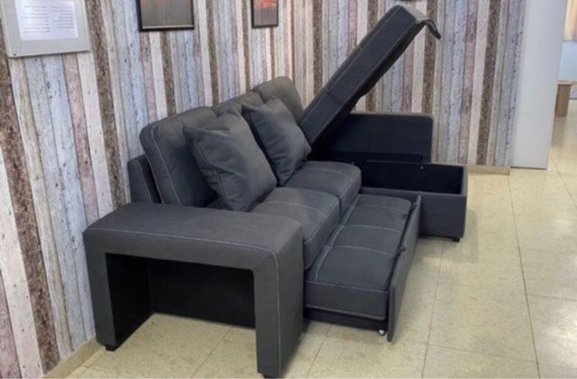 Sofá Cama Negro con Arcón / Puffs / Cojines