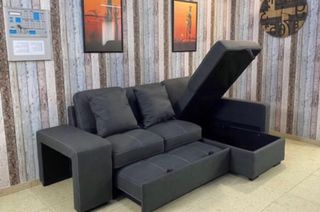 Divano letto nero con cassetto / Pouf / Cuscini