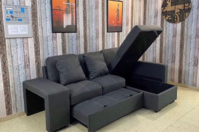 Sofá Cama Negro con Arcón / Puffs / Cojines