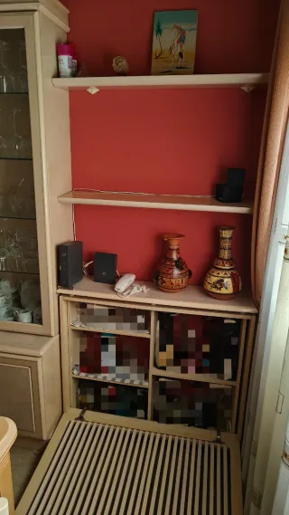 Mueble modular salón pino beige, madera y cristal