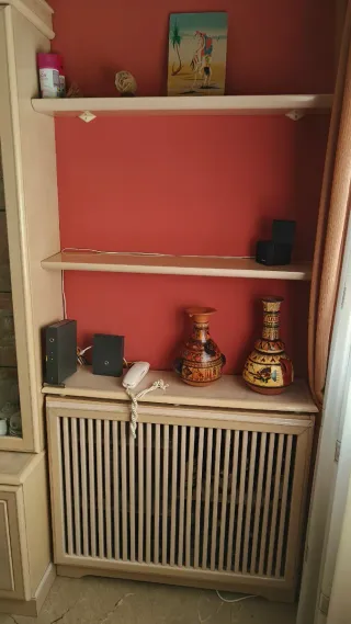 Mueble modular salón pino beige, madera y cristal