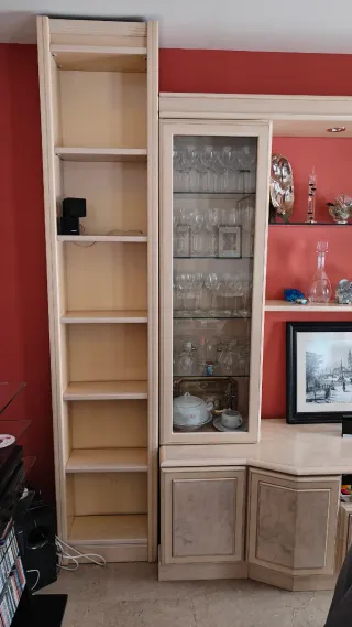 Mueble modular salón pino beige, madera y cristal