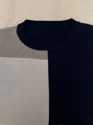 Maglia donna color block blu, grigio, bianco