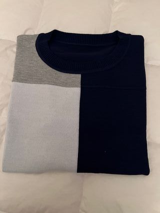Maglia donna color block blu, grigio, bianco