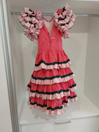 Vestido flamenca niña rosa lunares blancos
