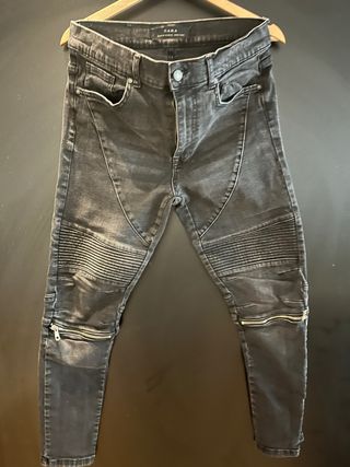 Pantalón Zara Gris Moto Cremalleras
