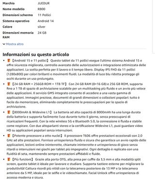 Tablet 11 Android 15 24GB+256GB Argento