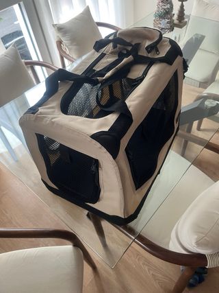 Transportín perro tela beige y negro