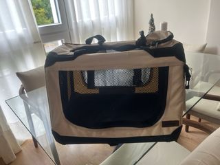 Transportín perro tela beige y negro