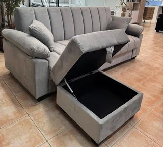 Sofá Cama Gris con Arcón y Puff