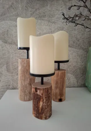 Juego 3 Velas LED Madera y Metal