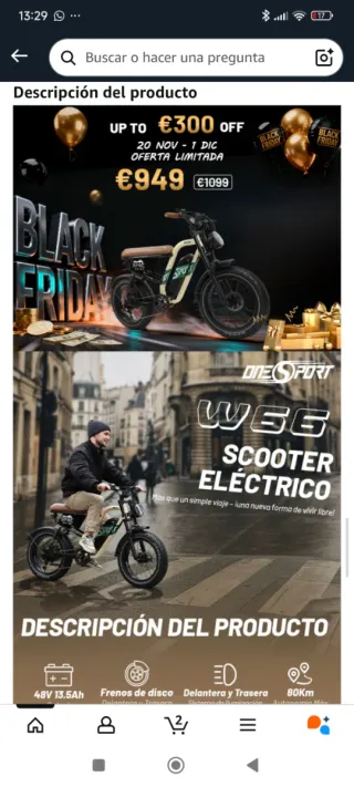 Bicicleta Eléctrica Onesport W66 Café Racer