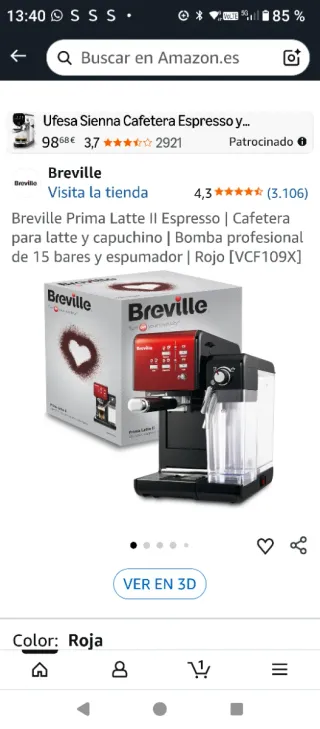 Cafetera Breville Prima Latte II Roja