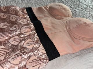 Vestido fiesta cocktail rosa oro y beige