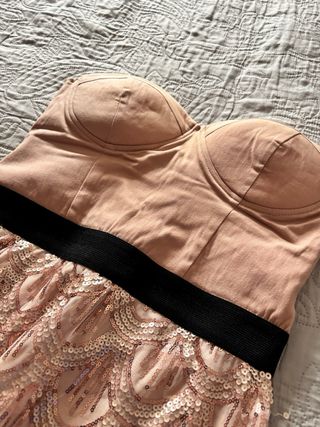 Vestido fiesta cocktail rosa oro y beige