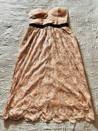 Vestido fiesta cocktail rosa oro y beige