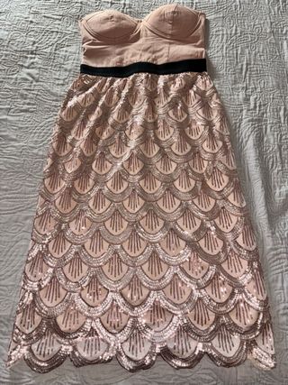 Vestido fiesta cocktail rosa oro y beige