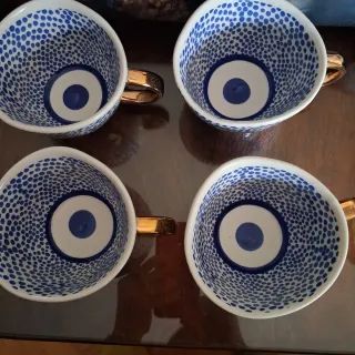 4 Mugs artesanos Cerámica Diseño Puntos Azul Dorad