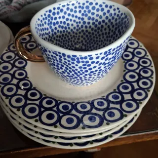 4 Mugs artesanos Cerámica Diseño Puntos Azul Dorad