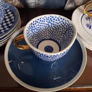 4 Mugs artesanos Cerámica Diseño Puntos Azul Dorad