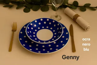 Set 18 piatti in ceramica a pois blu