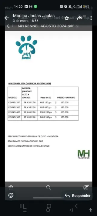 Transportín/Canil  para Perro de Polietileno.