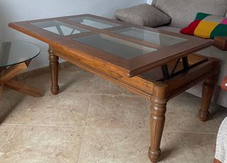 Mesa centro madera maciza cristal tapa abatible