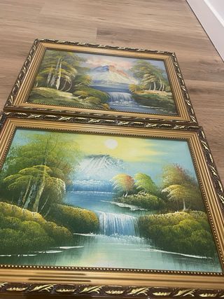 2 Cuadros Paisaje Cascada Pintados a Mano