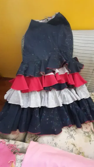 Falda flamenca/rociera azul vaquero bordado, blanc