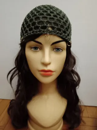 Cuffia rete mesh frisé khaki con anellini oro