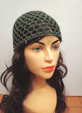 Cuffia rete mesh frisé khaki con anellini oro