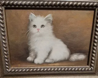 Cuadro Gatito Blanco Pintado Marco Dorado