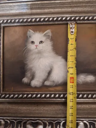 Cuadro Gatito Blanco Pintado Marco Dorado