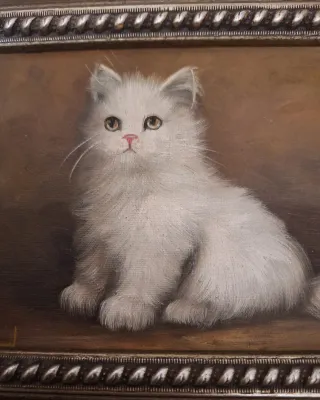 Cuadro Gatito Blanco Pintado Marco Dorado