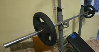 Banco Domyos BM530 + barra, discos y mancuernas.