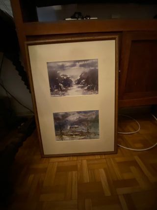 2 Quadri ad acquerello paesaggio fiume e casa