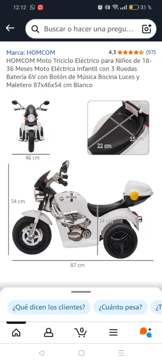 Moto Eléctrica Infantil Blanca 18-36 Meses