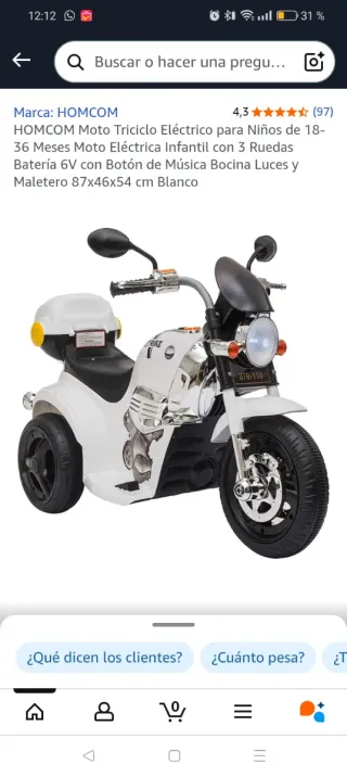 Moto Eléctrica Infantil Blanca 18-36 Meses